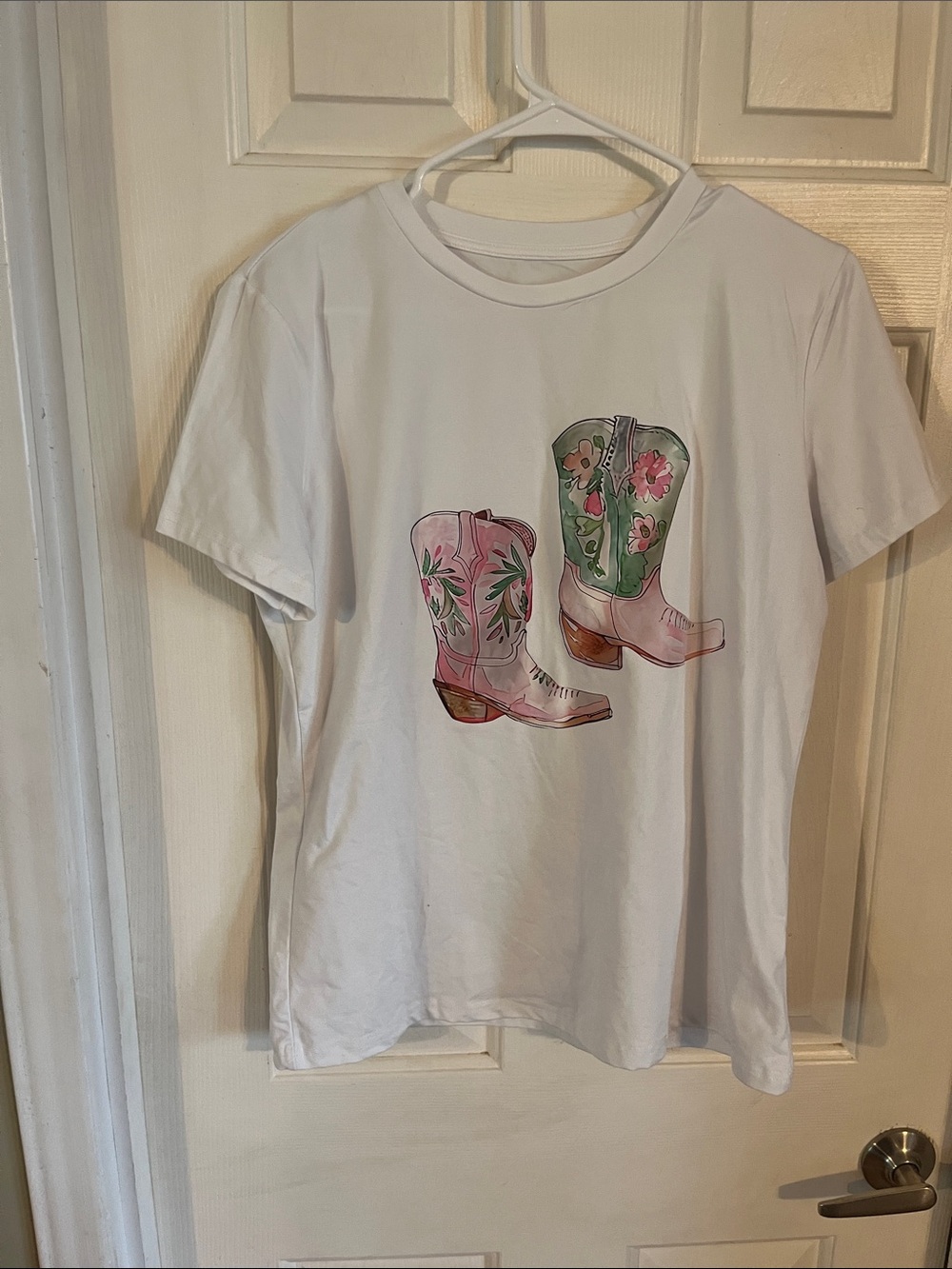 White Tee with Pink & Green Cowboy Boot Graphic